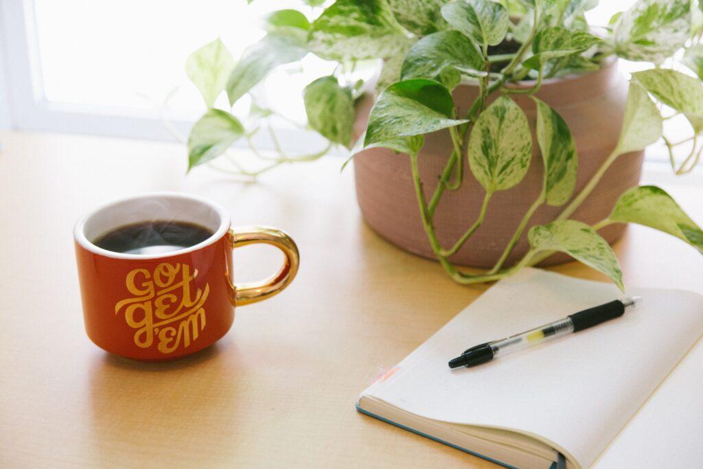 Mug with words "Go get 'em" next to notebook and pen, and plant.