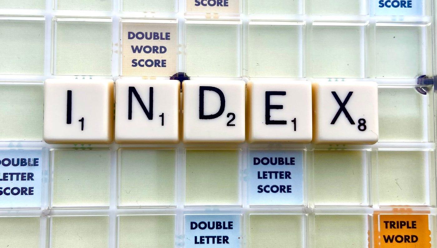 the word “index” spelled in Scrabble tiles